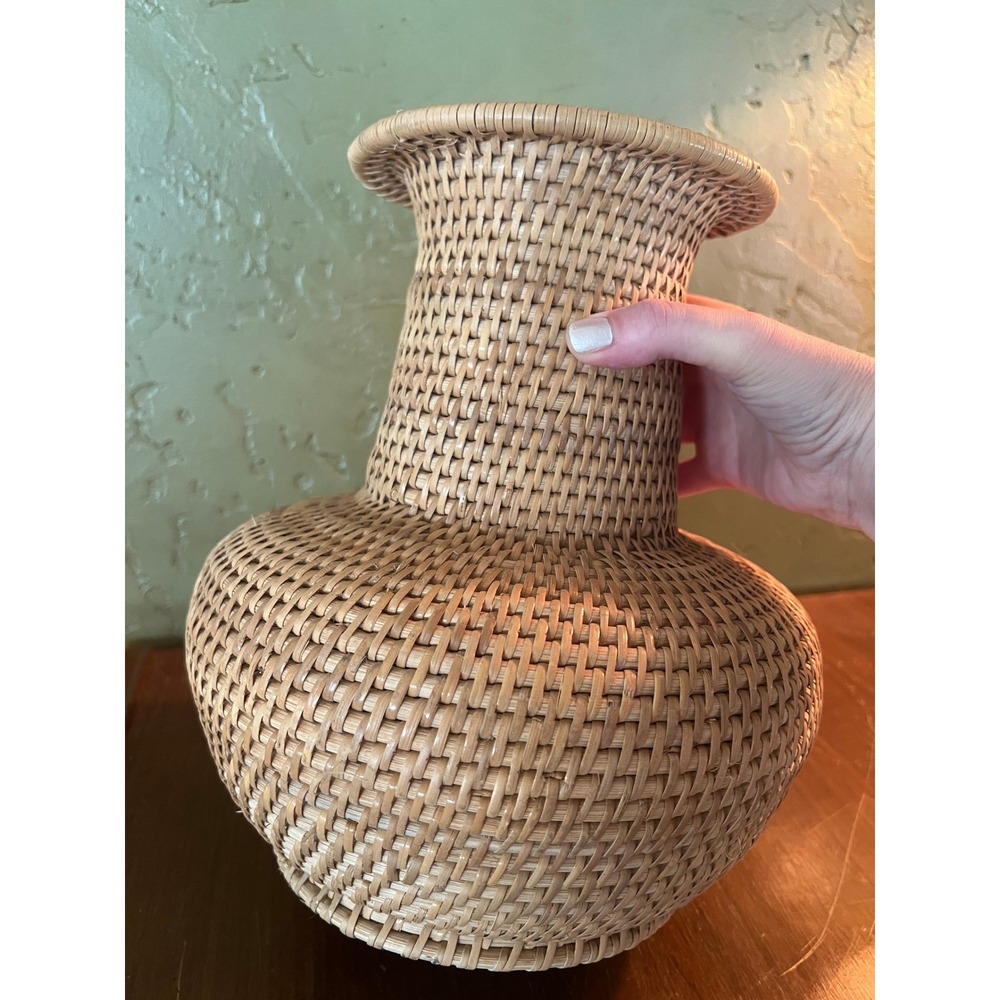 Vintage Woven Rattan Wicker Vase Natural Boho Decorative Flared Rim Vessel